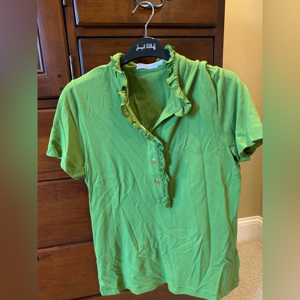 Tory Burch Lime Green Knit Top with Ruffle Trim